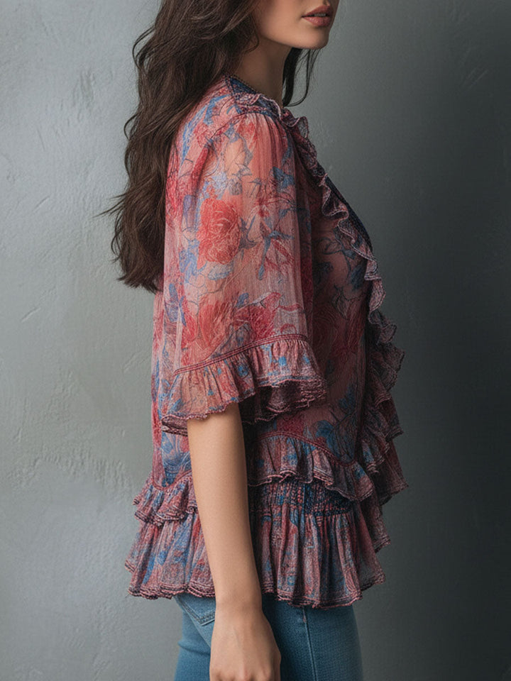 Boho Romantic V-Neck Sheer Floral Print Ruffle Blouse
